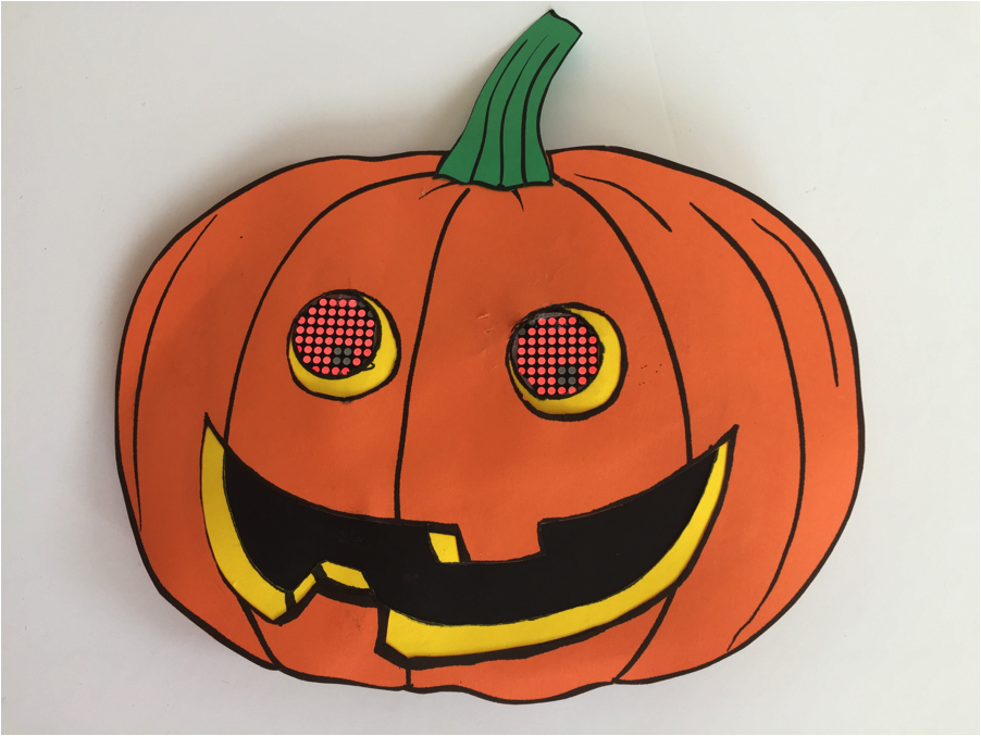 Front view of the completed pumpkin Blinky Bot with eyes lite