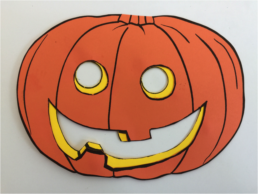 Orange pumpkin skin over the yellow mouth and eye pieces, giving 3D effect